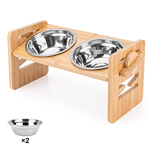 DUDUPE Bamboo Elevated Dog Bowls with Stand Adjustable Raised Puppy Cats Food Water Bowls Holder Rabbit Feeder for Small…