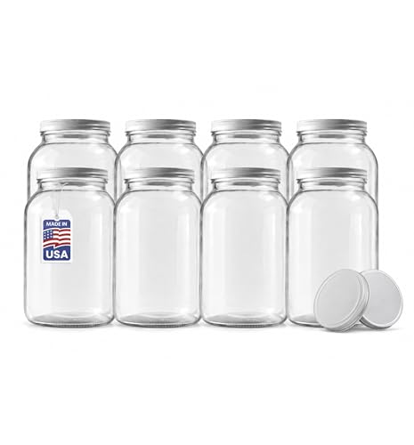 1 Gallon Mason Jars Wide Mouth | 8-Pack with 10 White Metal Airtight Lids