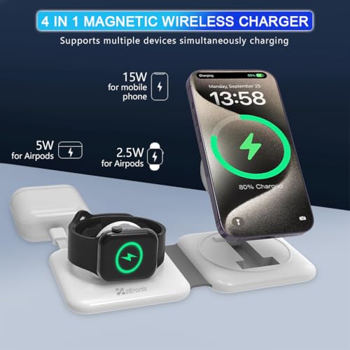 Image of zitronix Wireless Charger 4 in 1, 23W Foldable Magnetic Mag-safe Wireless Charger for iPhone 15 /14 /13 /12, Airpods, Apple Watch Series 9 /8 /7 /6 /5 /4 /3 /SE, Lightweight & Portable for Outings, Gifts-White