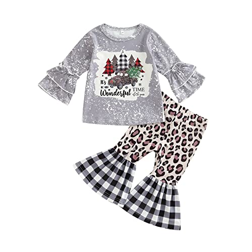 Conjunto de roupas de Natal para crianças pequenas e meninas com letras patchwork camiseta xadrez bo