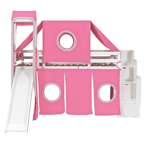 Merax Low Loft Bed Twin Size with Slide and Storage Stairs, Wood Loft Bed with Tent & Tower, for Boys & Girls, Pink