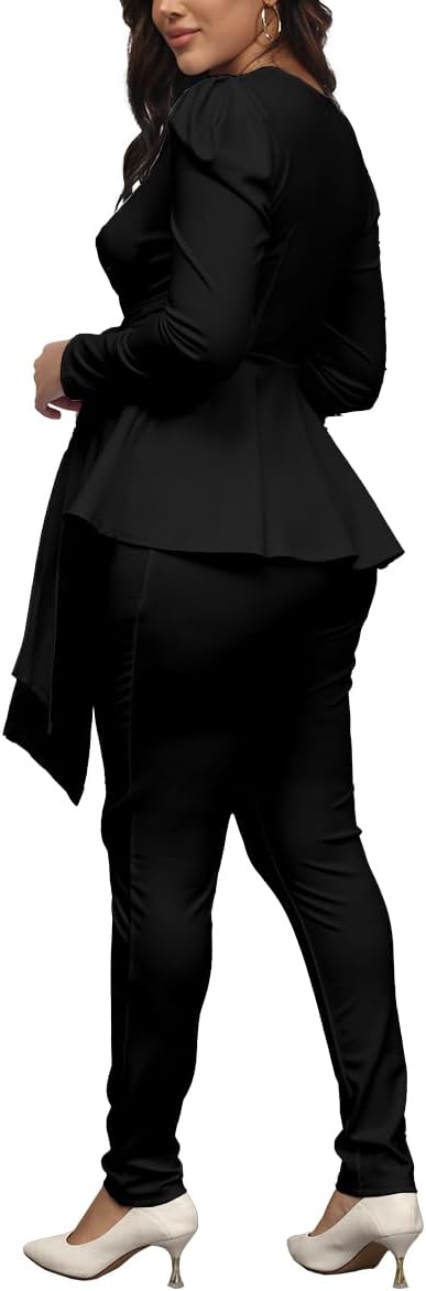 Remelon 2 Piece Outfits for Women Blazer with Pants Deep V Long Sleeve Slim Fit Ruffle Pelplum Business Suit - Image 4