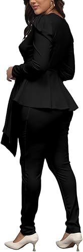 Miniatura 4 de Remelon Conjunto de 2 piezas para mujer, blazer con pantalones, escote en V profundo, manga larga, ajuste ceñido, volante peplum, traje de negocios