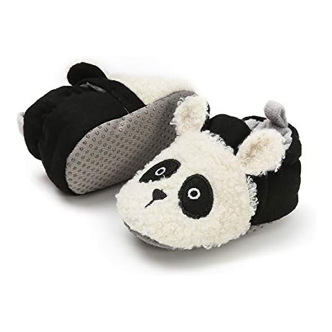 Timatego Newborn Baby Boys Girls Cozy Fleece Booties with Grippers Stay On Slipper Socks Infant Toddler Crib Winter Shoes for Boys Girls, 02 White Panda, 0-6 Months Infant Cover