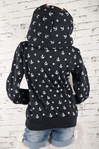 VIN TE Damen Sweat Jacke XXL Kapuze Hoodie Übergangsjacke Fleece gefüttert schräger Reißverschluss verschiedene Modelle Anker Pfote M - 3XL (as3, alpha, 3x_l, regular, regular, Blau-1797, 3XL)