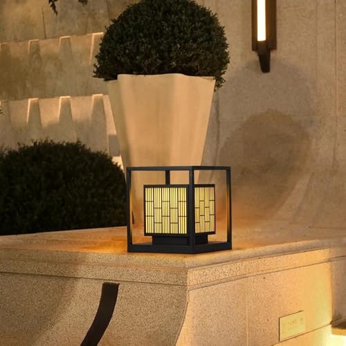 HZWJIA Solar Pillar Lamp Faux Marble Lampshade Fence Deck Post Light IP65 Waterproof Pillar Head Lamp Black Outdoor Waterproof Solar Pillar Lamp for Yard Landscape Post Light Base Diameter 11.8in