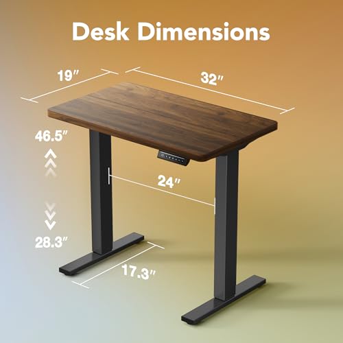 Image of HUANUO 32 inch Small Electric Standing Desk Adjustable Height, 4 Memory Height Settings, Sit Stand Up Desk for Home Office & Computer Workstation, Black Walnut