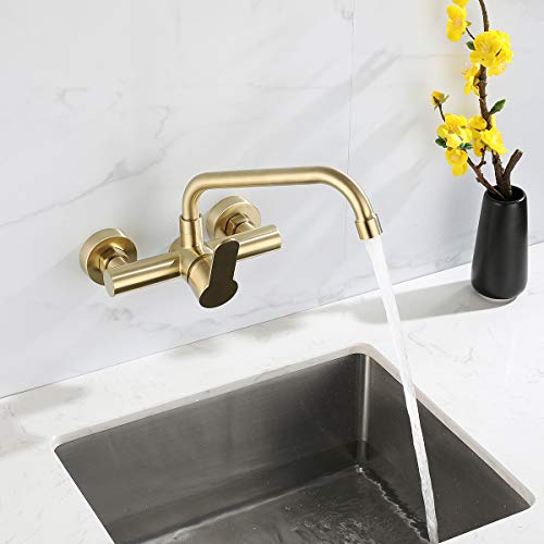 Grifo Cocina Pared Grifo De Cocina Para Fregadero Níquel Cepillado Montado En La Pared Giratorio Trefilado De Acero Inoxidable 304 De Grado Alimenticio Grifo Pared Dorado Cover