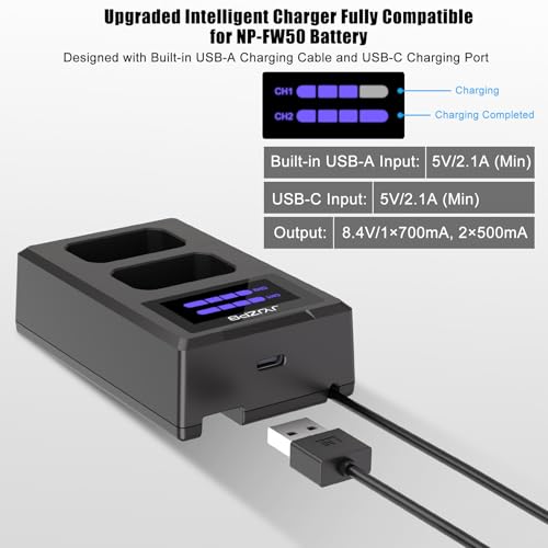 Image of 2 Packs A6400 NP-FW50 Battery and Charger with Built in Cable for Sony | LCD Charger Compatible for Sony Alpha A6000 A6100 ZV-E10 A7II A5100 A6500 A6300 A7 A7RII A7SII A7S A7S2 A7R A7R2 Cameras