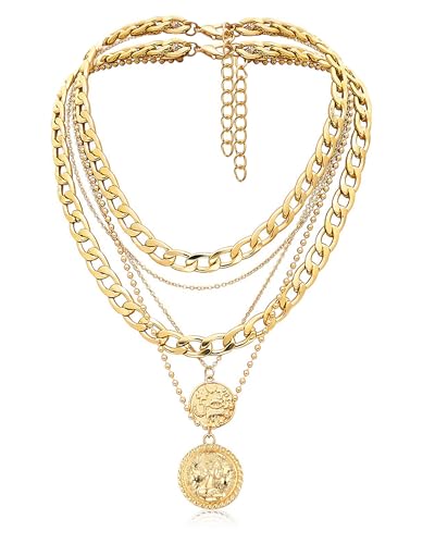 MJartoria Gold Layered Necklaces for Women Trendy Retro Coin Pendant Necklace Dainty Chunky Chain Necklaces for Jewelry Birthday Gifts
