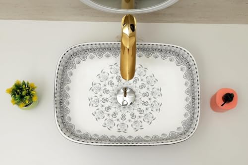 Image of Archstone Wash Basin for Bathroom-1Year Warranty- Tabletop Washbasin - Ceramic Glossy Rectangle Designer Moroccan Countertop Vessel Sink, Dining Hall & Vanity 33x45x14.5 cm (Grey Moroccan)