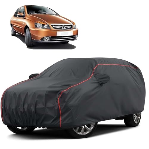 Image of Sulfar 100% Water Resistant Car Body Cover Compatible with Mirror for Tata Indigo CS (Triple Stitched, Full Bottom Elastic, Dark Grey Taffeta with Red Piping)