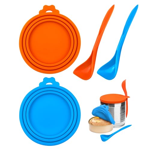 Dadnnil 2 Pack Silicone Pet Can Covers – Universal Can Lids for Dog & Cat Food, Airtight Seal, Dishwasher Safe, Includes Bonus Scoop (Orange, Blue)