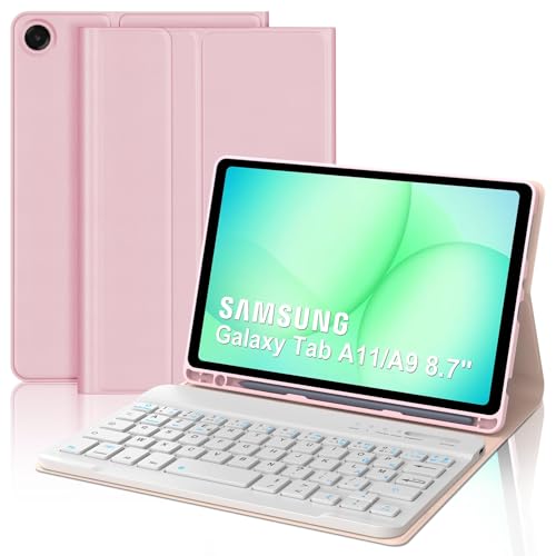 Occtingkind Coque Clavier pour Samsung Galaxy Tab A11/A9 8.7 Pouces, AZERTY Français Housse Clavier Bluetooth Détachable avec Porte Crayon pour Tablette Samsung Galaxy Tab A11/A9 8.7" 2025/2023, Rose