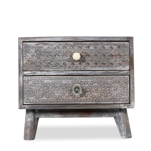 Image of Wooden Bedside Table for Bedroom with Drawers | Solid Wood Handcrafted Bed Side Table with Drawers | Side Table for Living Room | Traditional Rajasthani Art (Grey Distress)