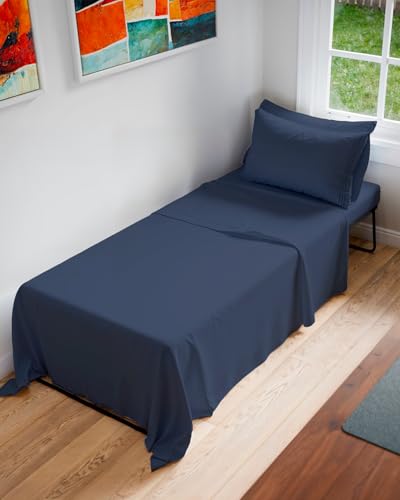 Image of Cot Sheet Set, 33 inch x 75 inch - Easy-Fit Cot Size Mattress Sheets - Navy Blue | Ideal for Narrow Twin, Camper Bunk, RVs, Twin Bunks, Day Care & Camping Cots, Cot Size Fitted Sheet fits 6 inch to 10 inch Mattresses