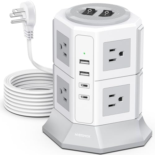 Tower Surge Protector Power Strip Flat Plugs with 8 Outlets 4 USB Ports (2 Type C), 6.5 FT Flat Extension Cord with Multiple Outlets, Charging Station with Surge Protection for Home Office D