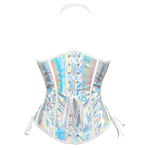 Victorian Corset Tops For Women Steampunk Faux Leather Waist Cincher Punk Rock Lace Up Back Underbust Bustier Silver #TOP5