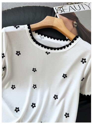 Image of RoseSeek Women's Bow Print Short Sleeve Round Neck Oversized Tops Basic Loose Fit Drop Shoulder Tees for Summer
