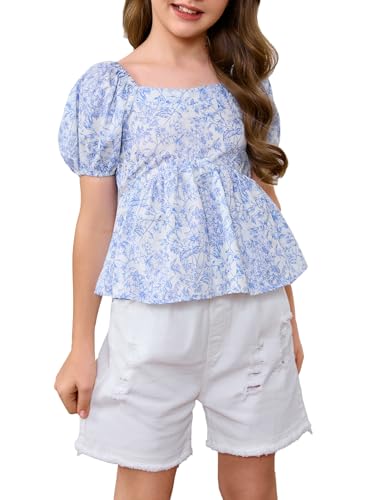 OYOANGLE Girl's Floral Print Square Neck Tops Puff Sleeve Cinched Waist Blouses