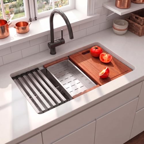 Image of LQS 32 Inch Stainless Steel Undermount Kitchen Sink, 304 Stainless Steel Single Bowl Workstation Sink, Kitchen Sinks with Sapele Wood Cutting Board and Accessories, 32 inch x 18 inch