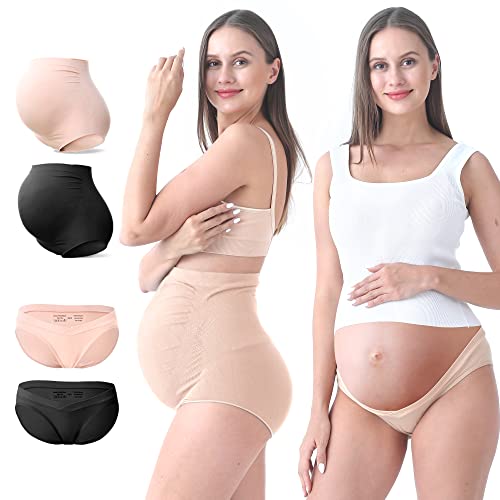 SUNNYBUY Maternity Underwear Over Bump and Under Bump Pregnancy Panties Sets Seamless Womens Underwear Packs, High-1Black1Skin&Low-1Black1Skin-M
