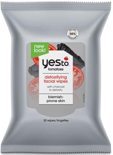 Yes To Face Wipes for Women and Men, Charcoal Facial Cleansing Wipes for use as a Make Up Remover, Cleaning, Soothing, Tomatoes (Pack of 1)