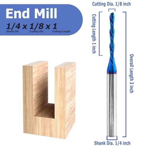Image of Mesee 2 Flute Spiral Dowcut Router Bit 1 /4 Inch Shank Flat Nose End Mill CNC Router Bit Nano Blue Coat Carbide Milling Cutter for Wood Mortises Carving Engraving - 1 inch Cutting Length, 1 /8 inch Cutting Dia