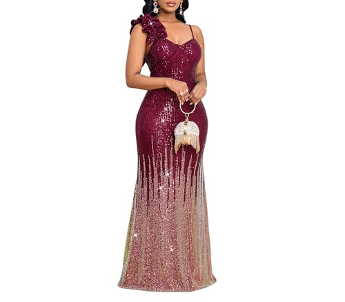 Image of Cololura Women Sexy Elegant Sequin High Split Ruffled Hem Mermaid Party Cocktail Bodycon Formal Evening Gowns Maxi Dress