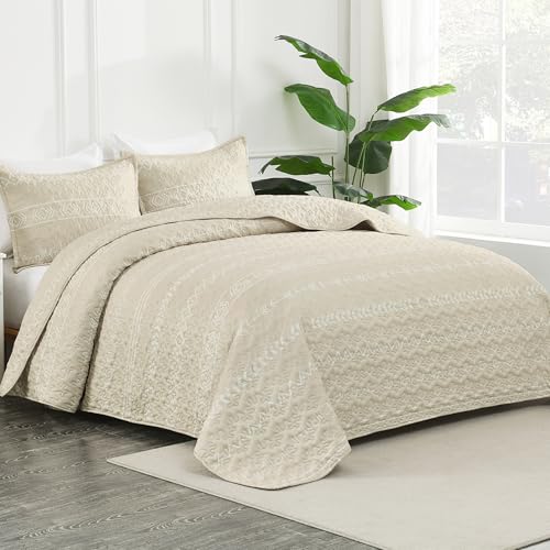 Image of Andency Beige Twin Quilt Set, 2 Pieces Boho Lightweight Soft Striped Bedspread for All Season (68 inchx86 inch), Printed Bohemian Polyester Reversible Coverlet Comoforter Sets