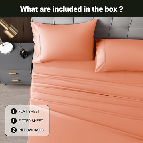 Image of Shilucheng 4 Piece Queen Sheet Sets, Cooling Sheets, Blend Rayon Derived from Bamboo, Deep Pocket Up to 16 inch, Breathable & Soft Bed Sheets, Hotel Silky Bedding Set, Coral