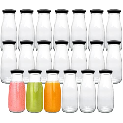 Image of QAPPDA 12 oz Glass Bottles, Clear Glass Milk Bottles with Black Metal Airtight Lids, Vintage Breakfast Shake Container, Vintage Drinking Bottle with Whiteboard Labels and Pen for Party,Kids,Set of 20