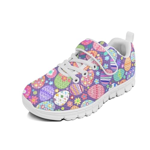 Little Kid Boys Girls Lightweight Breathable Sneakers Strap Athletic Tennis Shoes for Running Walking White Sole Easter Eggs Pattern