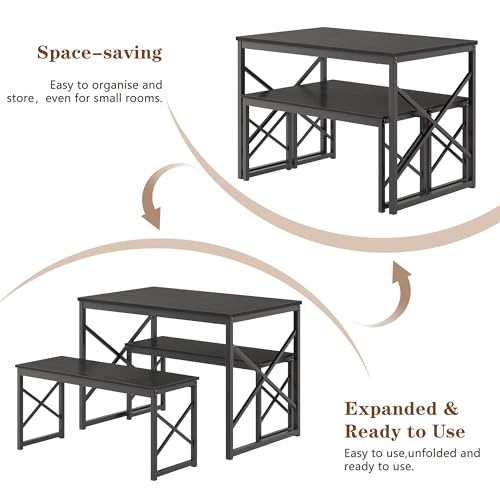 Image of VECELO 43.3 inch Kitchen Dining Table Set for 4, Heavy-Duty Steel Frame & Wood-Grain Tabletop, Space-Saving Dinette Sets with 2 Benches for Breakfast Nook and Small Space, Black
