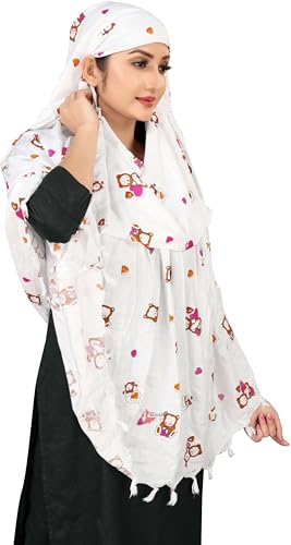 Image of Cotton Long Scarf Cum Mask Scarves Usable for Vehicle Driver | White Printed Design Fabric | Universal Size | Soft & Breathable Sun Protection | For Girl & Women