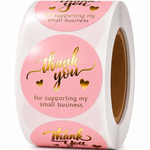 Pink Thank You Stickers Gold Foil – 500 Waterproof 1.5” Round Labels for Small Business Packaging, Custom Thank You Labels for Envelopes, Gift Bags, Boxes, Cards & Orders