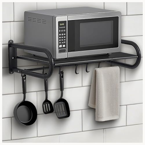 Microwave Shelf Wall Mount,Microwave Wall Shelf with 5 Hooks and 2 Guardrails Wall-Mounted, For Small Microwave to Load Capacity 30kg for Home Kitchen Laundry and Living Room