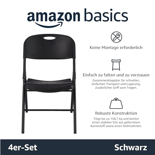 Amazon Basics Klappstühle aus Kunststoff und Metall, 4er-Set, Campingstuhl, Küchenstuhl, drinnen und draußen, Schwarz, bis 158 kg – Ansicht 3