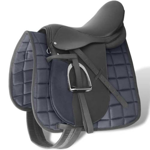 Furniture,Horse Riding Saddle Set 16" Real Leather Black 14 cm 5-in-1