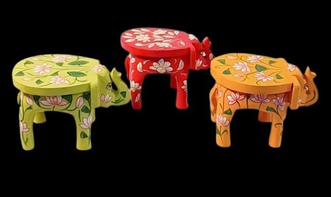 Wooden Hand Painted Flower Elephant Stool for Corner Home Decor/for Small Statues/Gift Item, red Color