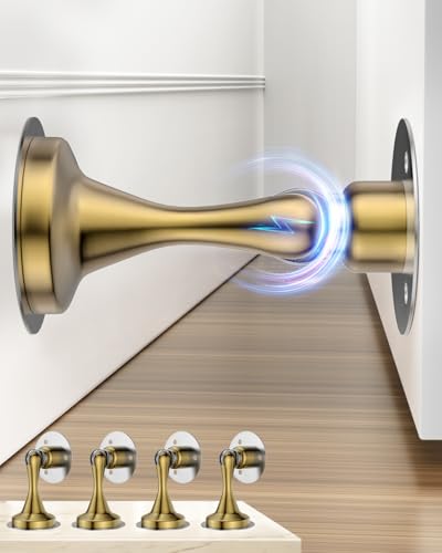 Image of Magnetic Door Stopper for Bottom of Door Catch, Heavy Duty Magnets Door Stops Holder to Keep Door Open, No Drill Strong Adhesive & Screws, Wall & Floor Mounting Stainless Steel Doorstop 4 Pack Gold