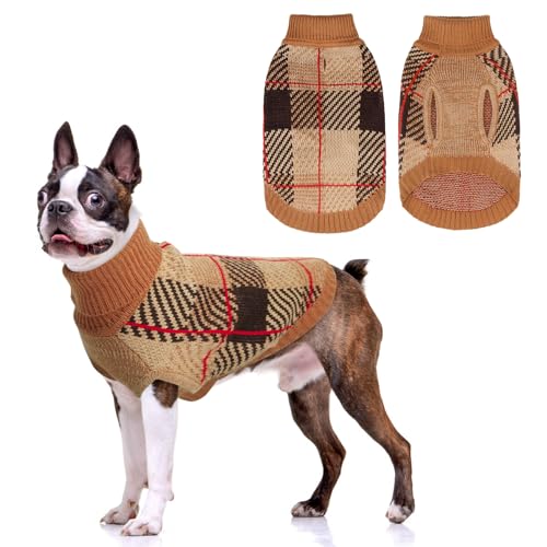 Image of BEAUTYZOO Medium Dog Sweater, Plaid Knit Winter Clothes with Harness Hole | Turtleneck Pullover Fall Knitwear for Girl Boy Puppy, Fuzzy Fleece Cold Weather Coat Female Male, Warm Sweatshirt, Khaki M