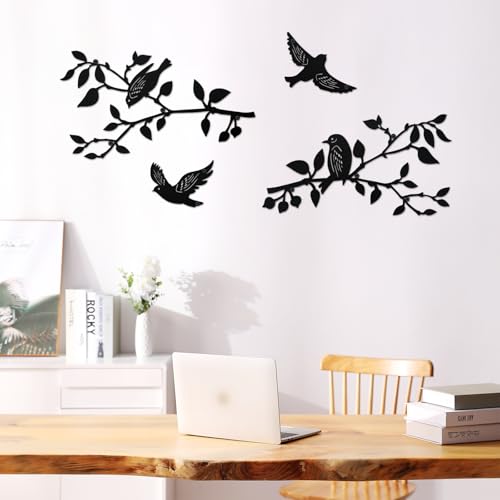 Image of QUMENEY 4 pcs Metal Wall Art Bird on Branch Metal Bird Silhouette Wall Decor Garden Outdoor Ornament Hanging Sign for Living Room Balcony Bedroom Office (Black )