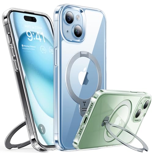 TORRAS Upgraded 360° Spin Magnetic Stand for iPhone 14 Case/iPhone 15 Case, [Fit for MagSafe] 15 Case with Stand Slim Protective Ring Holder [Never Yellowing] for Phone case 15 Ostand Spin, Clear