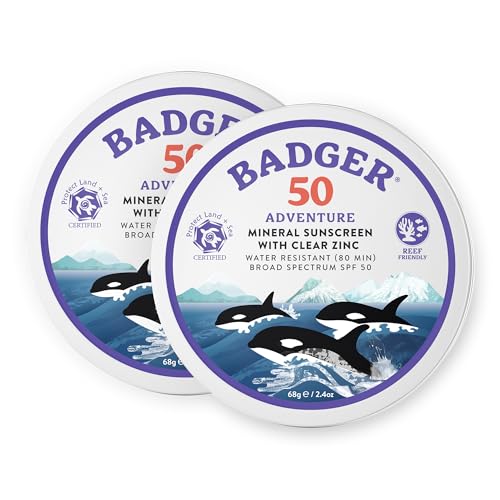 Image of Badger Reef Safe Mineral Sunscreen, SPF 50, 98% Organic with Zinc Oxide, Non Toxic, Water Resistant, Unscented & Hypoallergenic, Broad - Spectrum, For Adventure, Travel & Sport, 2.4 oz Tin (2 Pack)