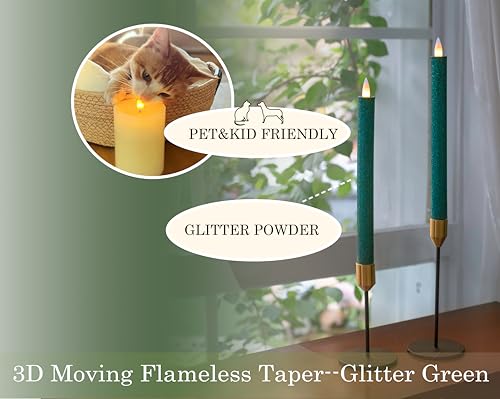 Image of Flameless Taper Candles Flickering with Remote and Timer, 3D Moving Flame Taper Candle Battery Operated to 400 Hours, 9 Inch Window Candles, (Glitter Green)