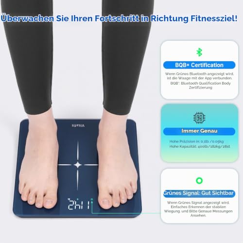 Vitafit Personenwaage Körperfettwaage mit APP 180kg, Hohe Genauigkeit Zugesichert bis Professionelle Fabrik SEIT 2001… – Ansicht 3