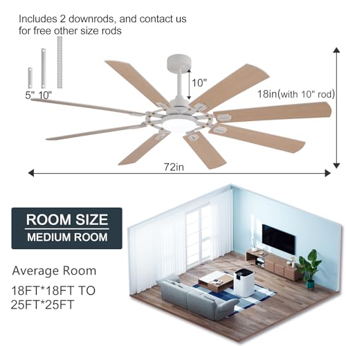 Image of BOOMJOY 72 Inch Ceiling Fans with Lights and Remote, Indoor /Outdoor Ceiling Fan with Light, 8 Blades, Reversible Quiet DC Motor,Modern White Large Ceiling Fan for Living Room Patio Bedroom