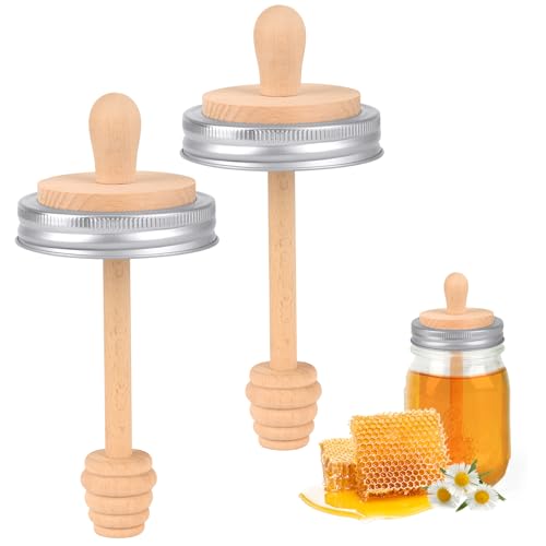Sun3drucker Wooden Mason Jar Honey Dipper with Lids Set - Honey Dipper Wooden Stick for Regular Mouth Mason Jars, Honey Spoon Honeycomb Lids for Regular Mouth 16 oz Mason, Ball Jars
