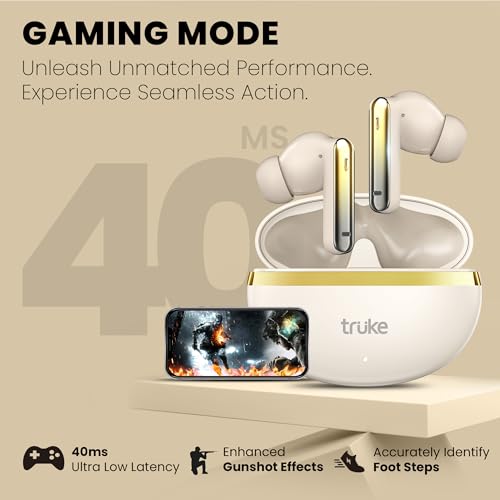 Image of truke Q1 Lite True Wireless in Ear Earbuds, 48H Playtime Ear Buds, Crystal-Clear Calls, Fast Charging, Elegant Royal Design, Bluetooth 5.4, Noise Cancellation, Gaming Mode (Gold)